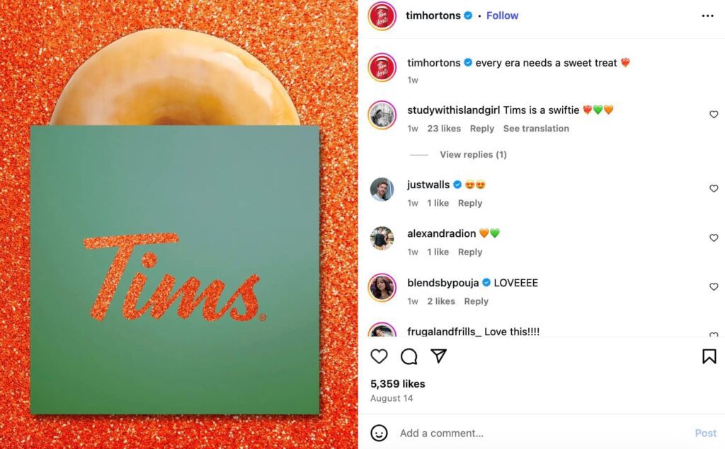 Tim Hortons on Instagram - following trends 